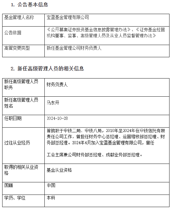 宝盈基金新任马东开为财务负责人-第1张图片-我爱旅游网