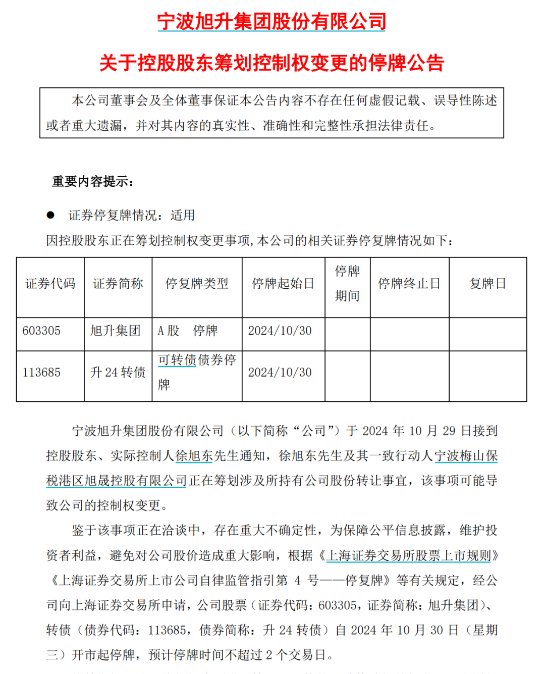 旭升集团停牌筹划公司股份转让，或导致控制权变更-第1张图片-我爱旅游网